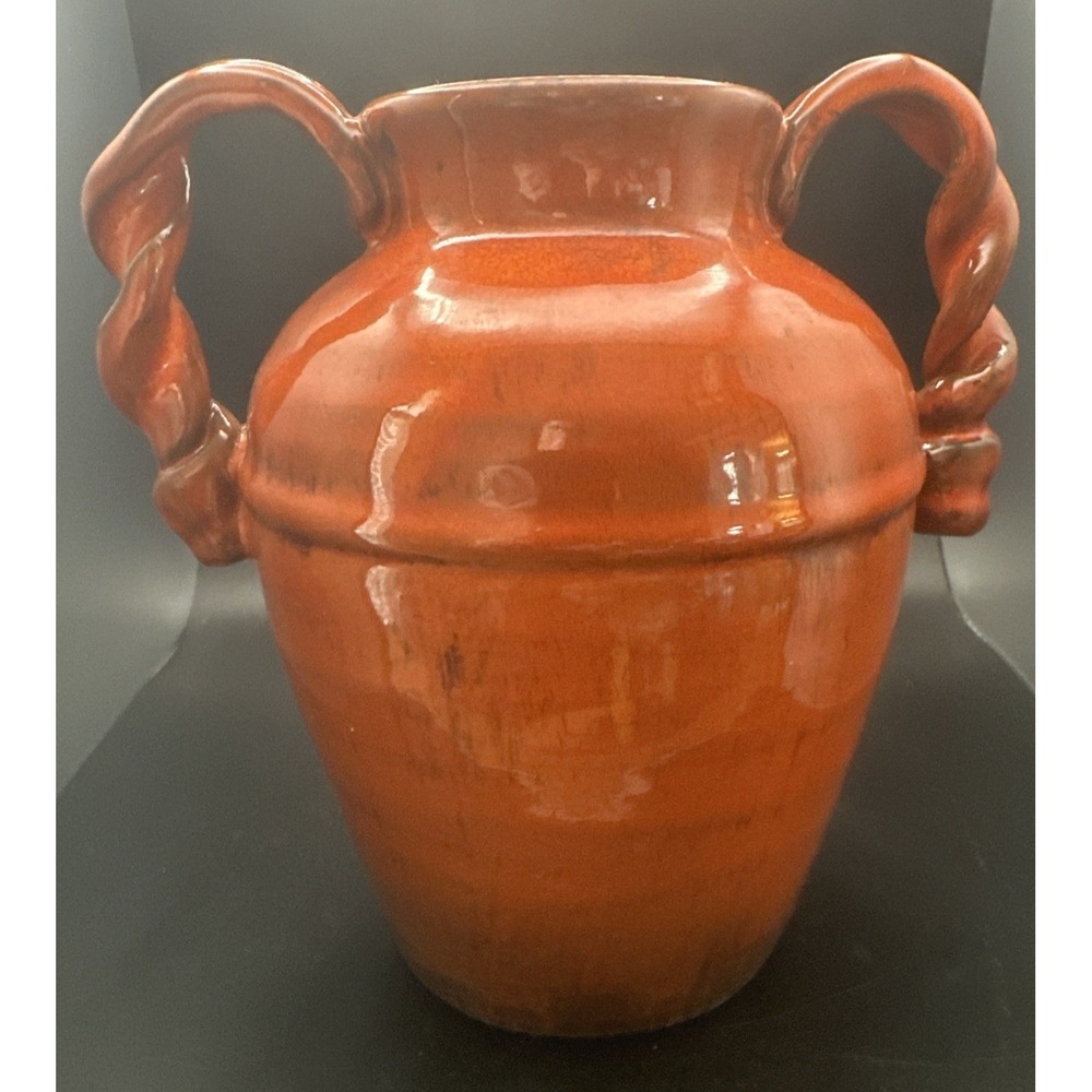 Vintage Jug w/ Twisted Handles Burnt Orange Two Toned Glazed Vase Unmarked 7"